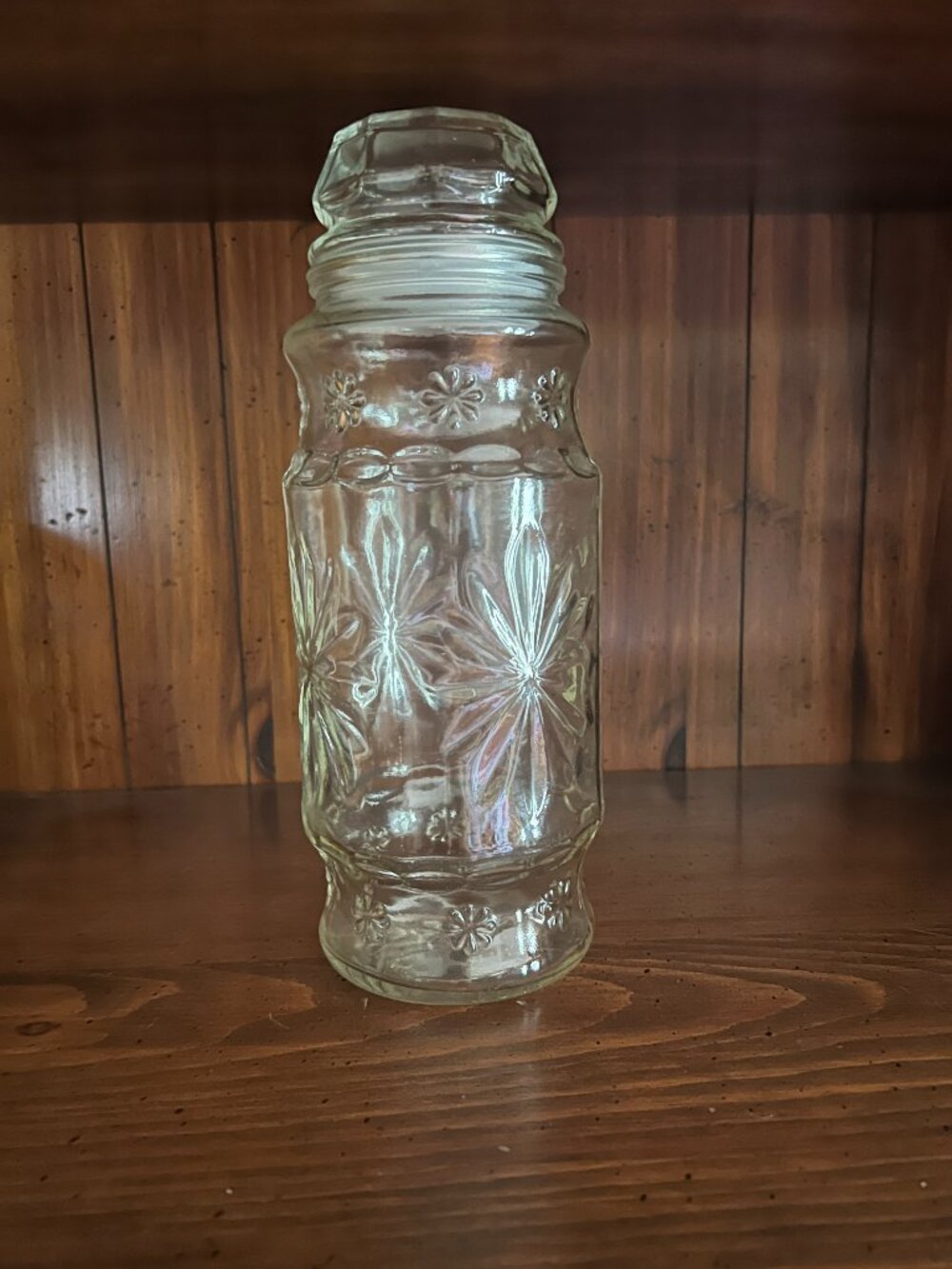 Vintage Planters Peanuts Glass Jar Star Burst Floral Pattern 1980